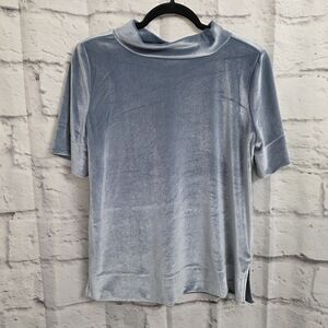 Anthropologie Krisha Velvet Mock Neck Top Blouse Short Sleeves Blue Stretch M
